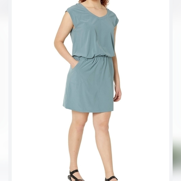 Prana Norma Dress Stretch Blend V-neck SPF Pockets Medium Smoky Blue Athleisure - Picture 1 of 8